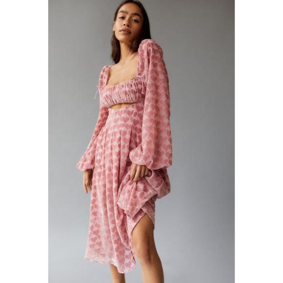 NWT For Love & Lemons Pink Nikki Heart Cutout Velvet Midi Dress Size Small - Picture 1 of 5